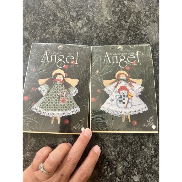 Vintage Set SNOWMAN ANGEL HEARTS ‘n Apron Clothespin Ornament Cross Stitch Kits - Picture 1 of 2